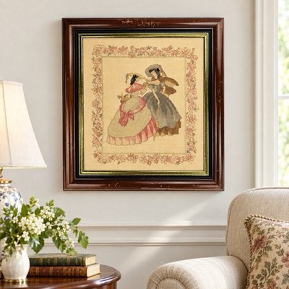 Vintage Framed Cross Stitched Victorian Ladies Floral Wall Art 16x15.5 1991